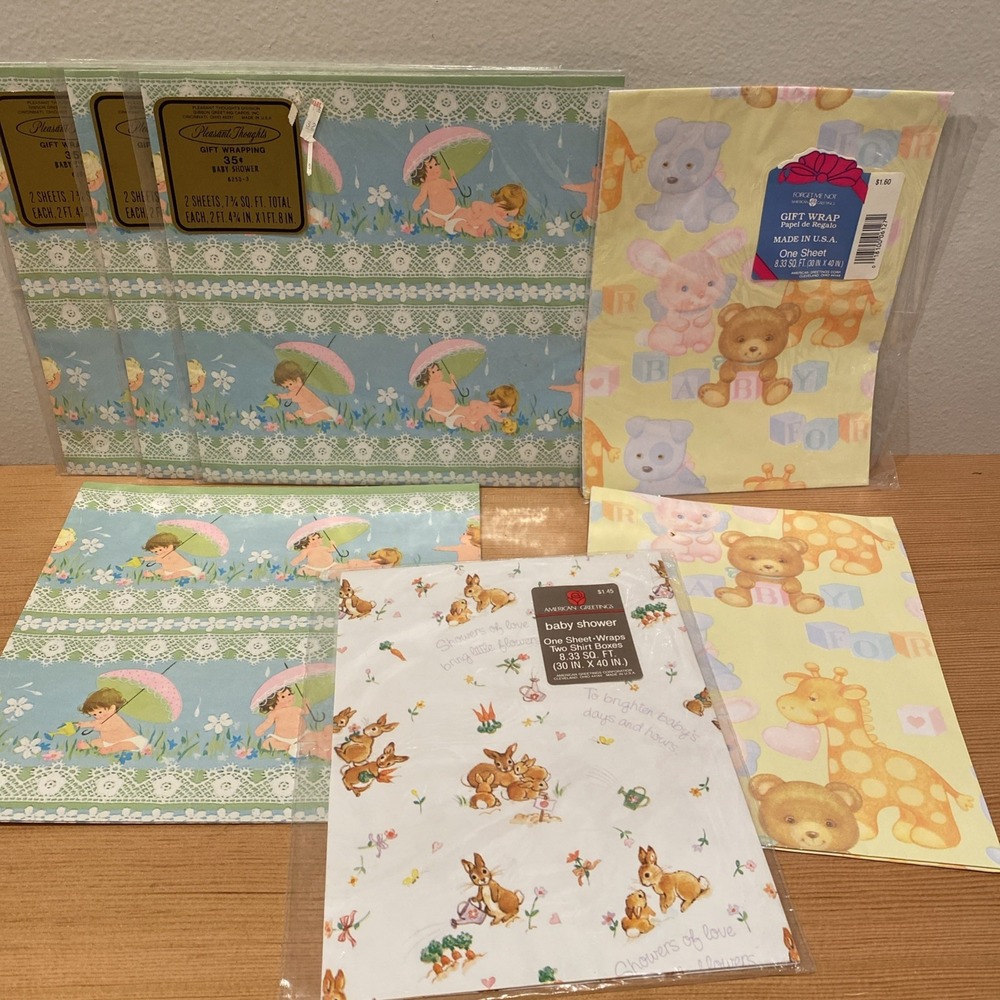 Vintage‎ Gift Wrap Lot Sheet Babies Baby Shower Bunnies Pleasant Thoughts
